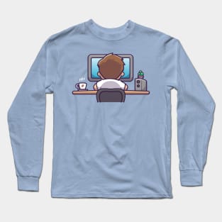 Cute Man Working On Computer With Coffee Cartoon Long Sleeve T-Shirt